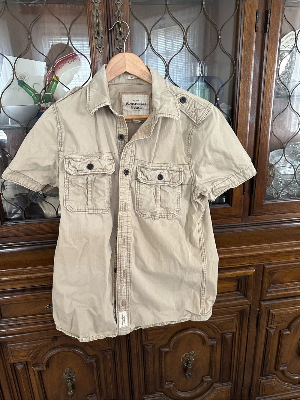 Abercrombie & Fitch Military Button Up Khaki Distressed Shirt